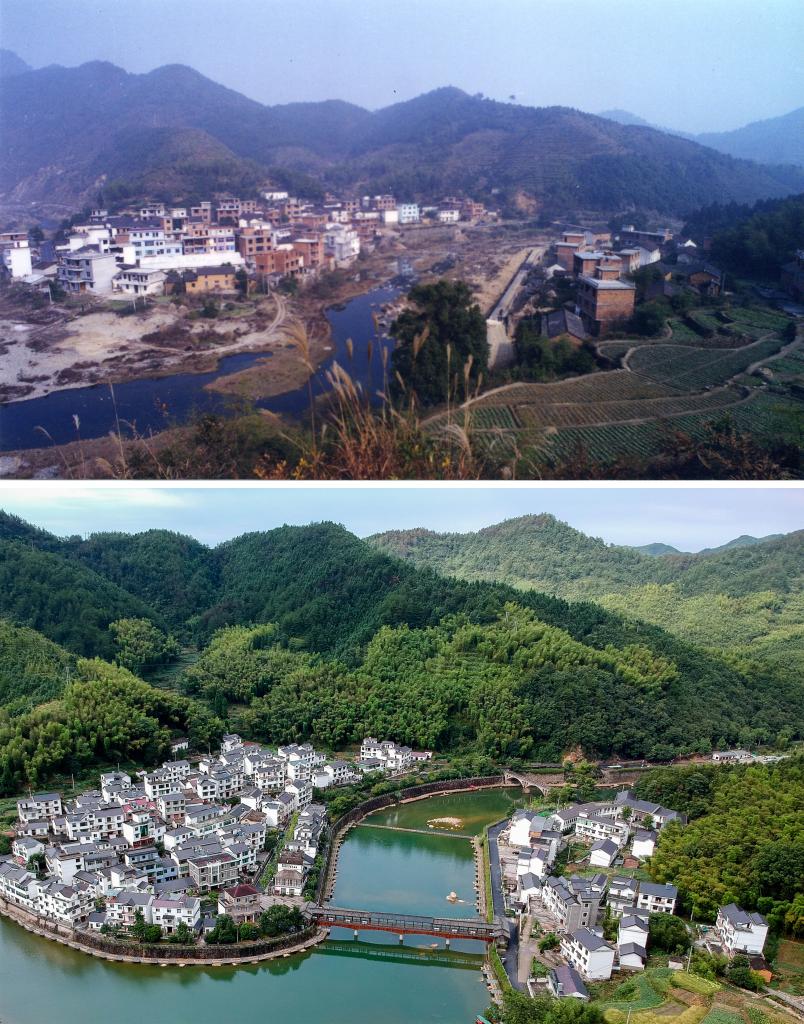 圖為浙江省杭州市淳安縣楓樹嶺鎮(zhèn)下姜村拼版圖，其中上圖為資料照片、下圖由新華社記者張鋮攝。